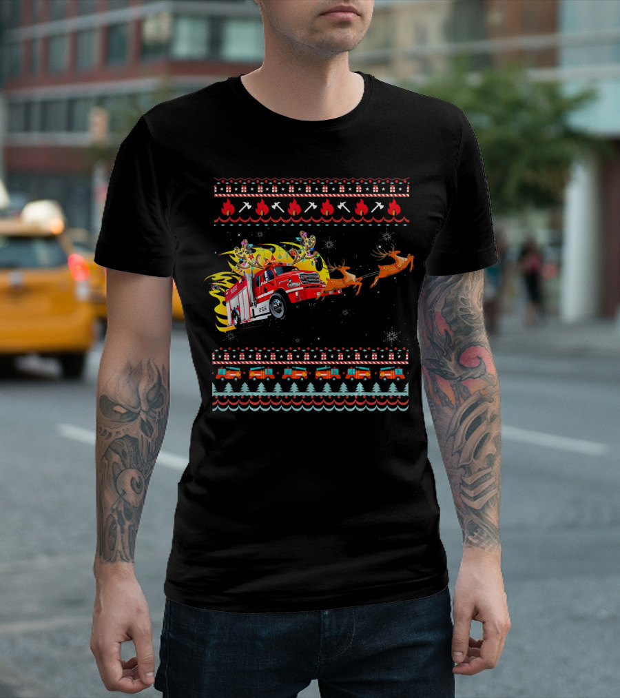 Trucker Sleigh Ugly Christmas Truck Dr with Reindeer and Santa Elements T-Shirt