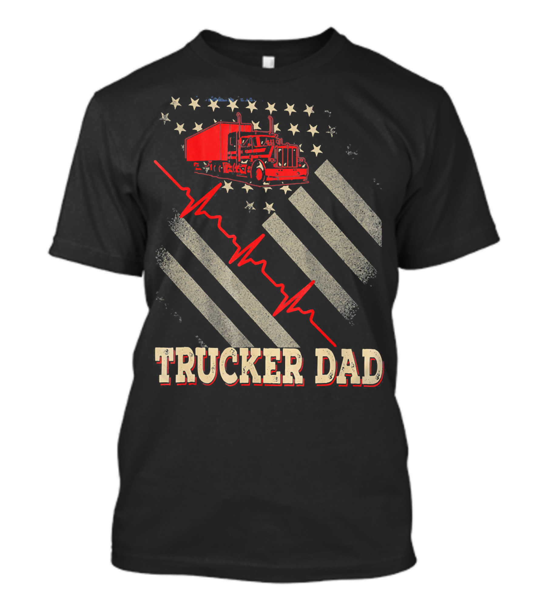 Trucker Dad American Flag Heartbeat Semi Truck T-Shirt