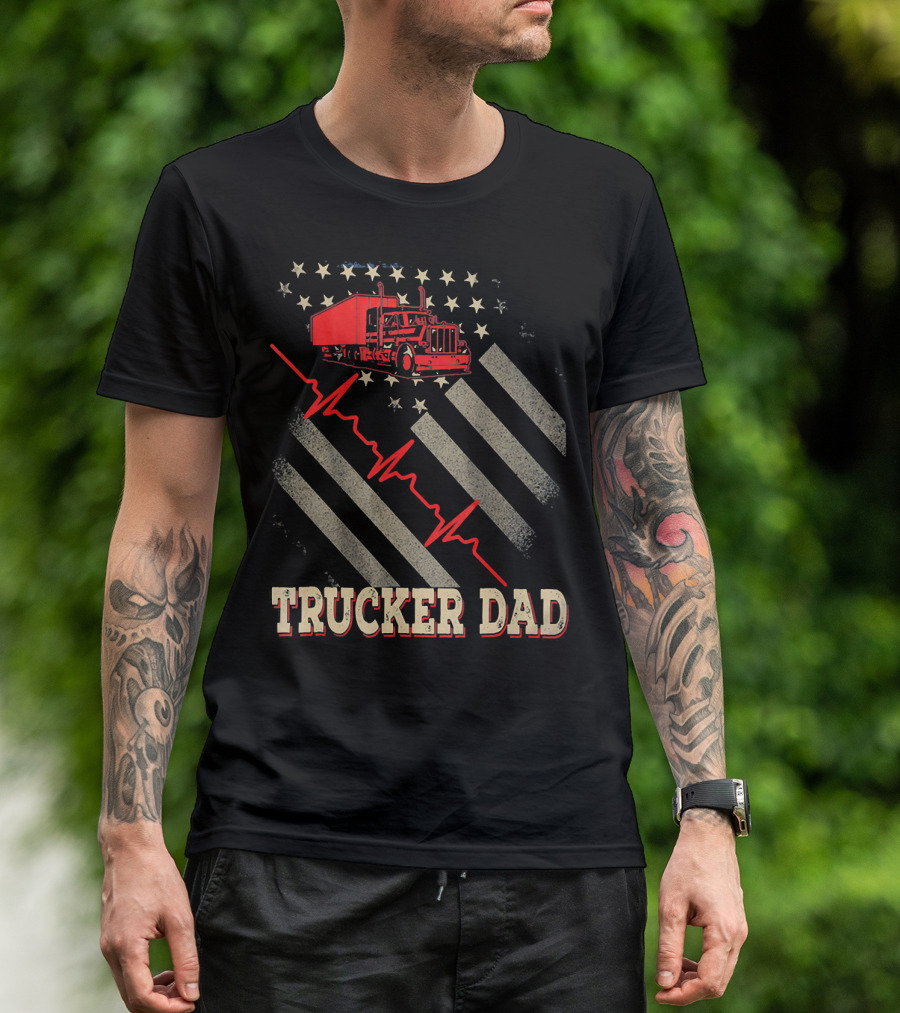Trucker Dad American Flag Heartbeat Semi Truck T-Shirt