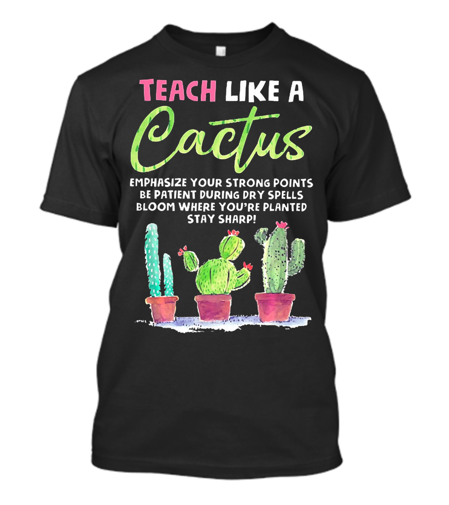 Teach Like A Cactus Emphasize Your Strong Points Be Patient During Dry Spells Bloom Where You're Planted Stay Sharp T-Shirt