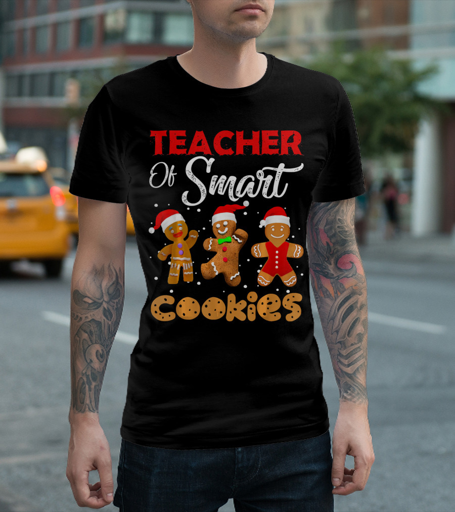 Teacher Of Smart Cookies Red White Christmas Gingerbread Holiday T-Shirt