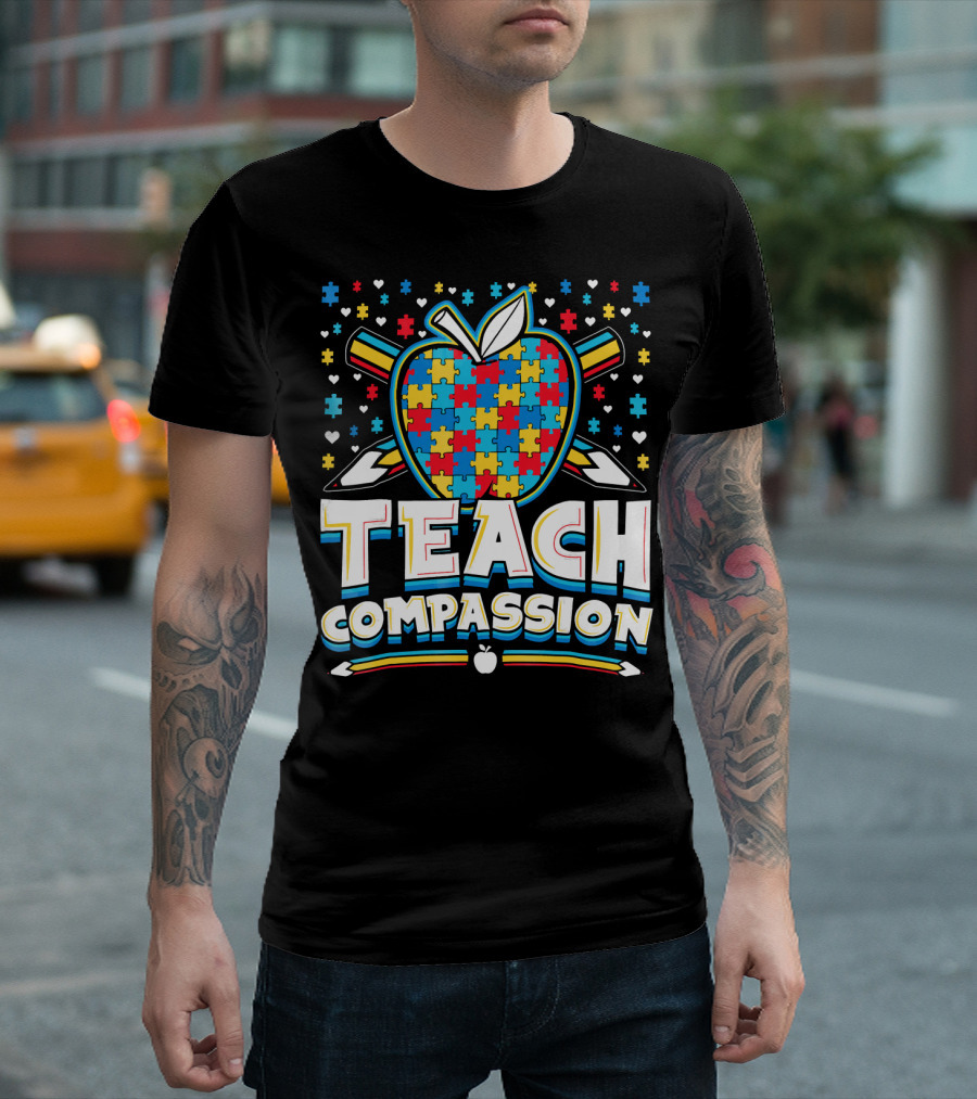 Teach Compassion Apple Puzzle Autism Awareness T-Shirt
