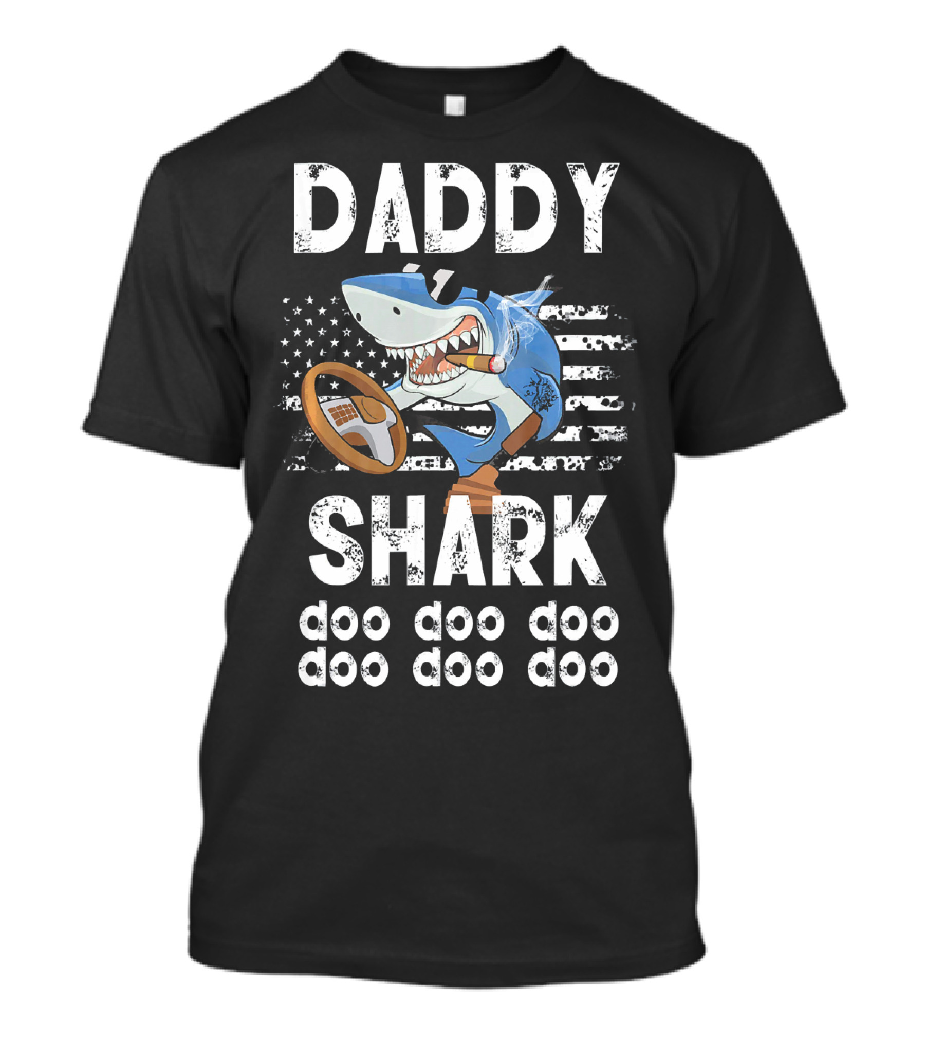 Daddy Shark Doo Doo Doo Doo Doo American Flag Shark With Steering Wheel T-Shirt