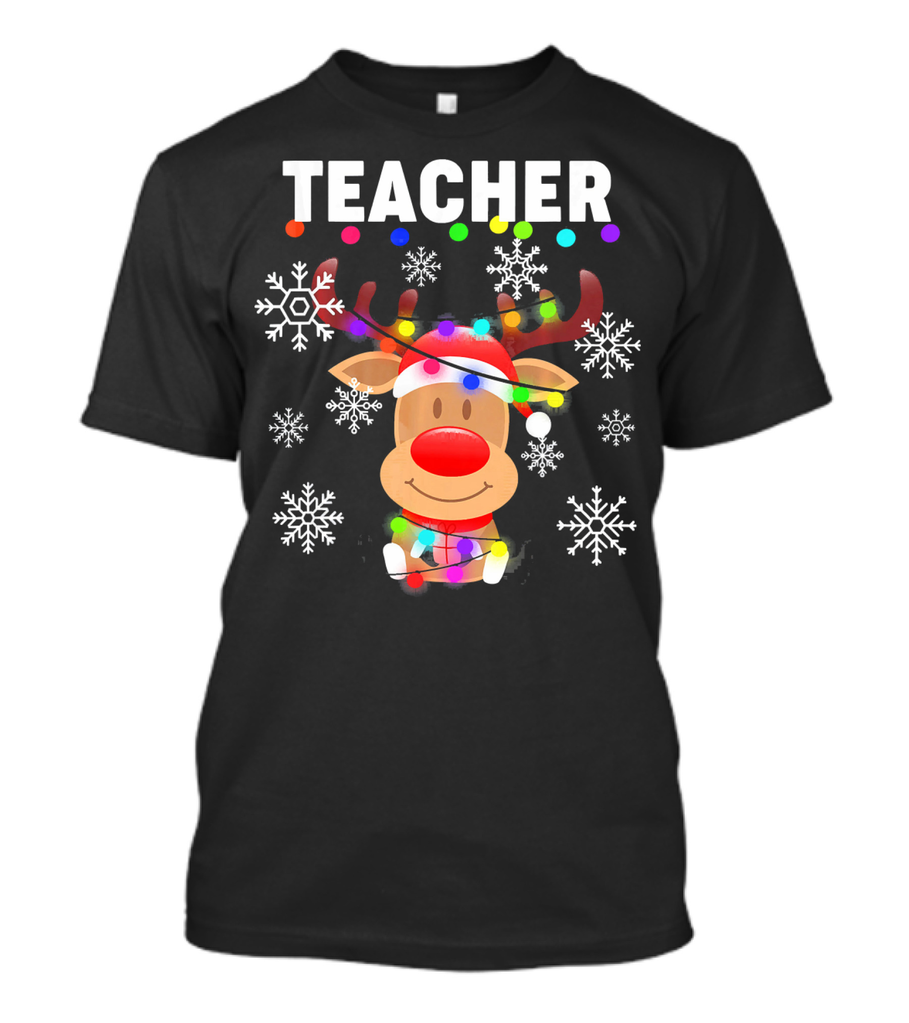 TEACHER Reindeer With Santa Hat And Christmas Lights Surrounded By Snowflakes T-Shirt