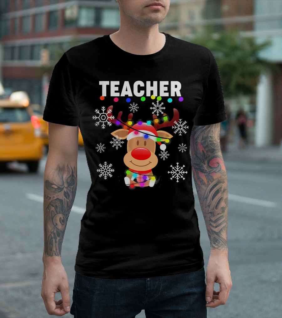TEACHER Reindeer With Santa Hat And Christmas Lights Surrounded By Snowflakes T-Shirt