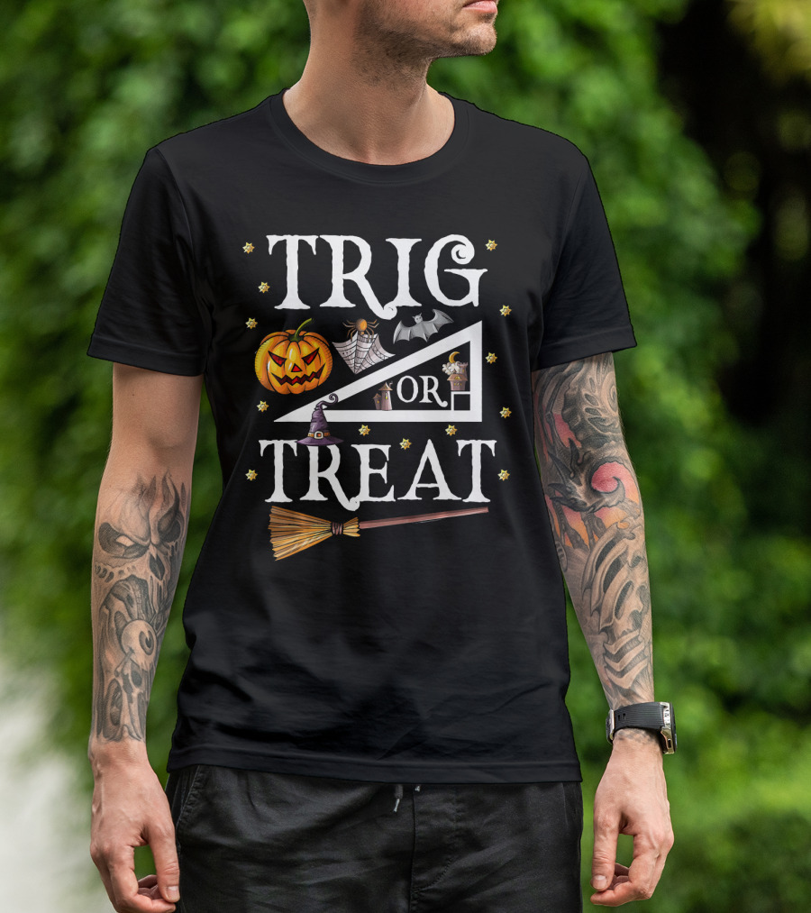 Trig Or Treat Halloween Math Pumpkin Witch Broom Bat T-Shirt