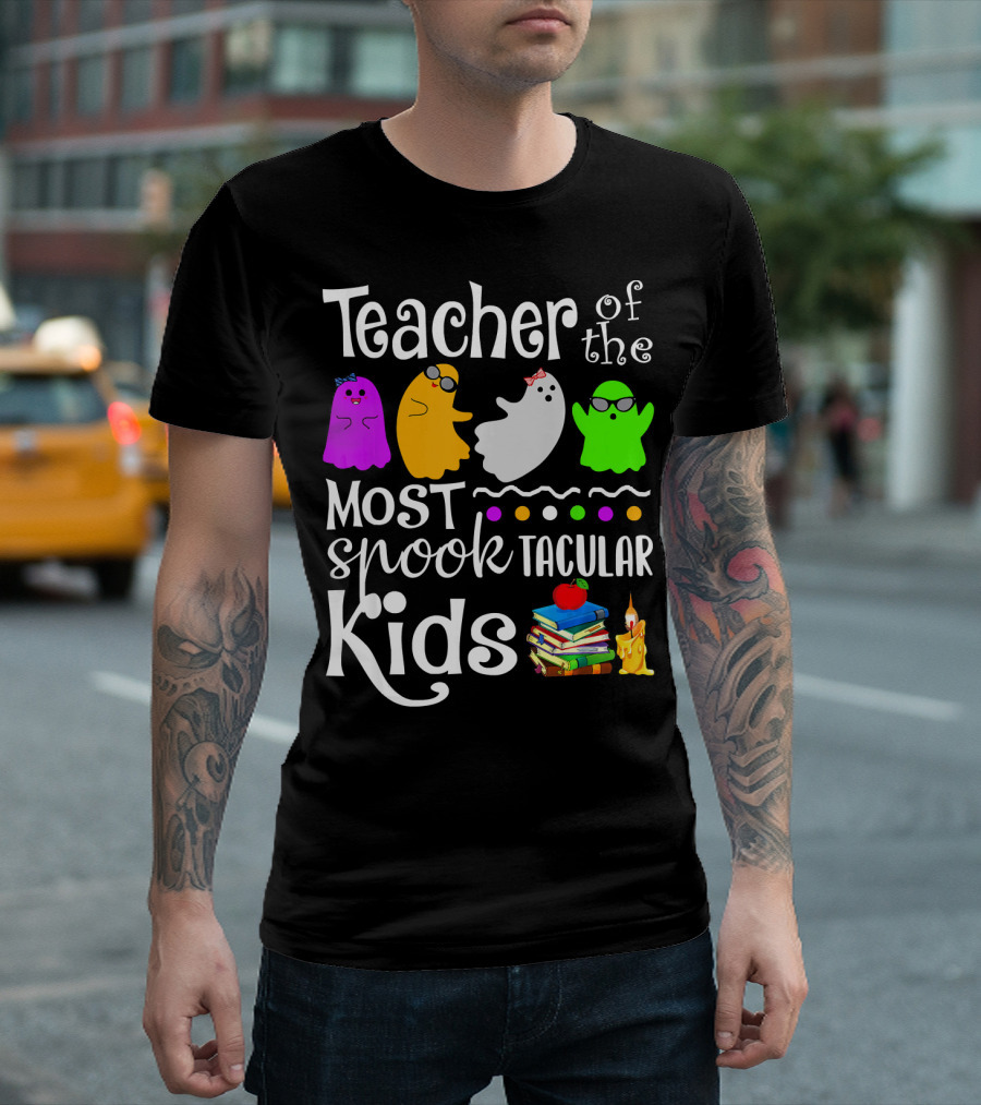 Teacher Of The Most Spooktacular Kids Colorful Ghosts and Books Candle T-Shirt