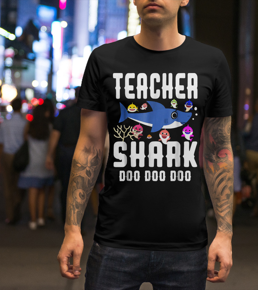 Teacher Shark Doo Doo Doo With Cartoon Sharks And Coral Scene T-Shirt