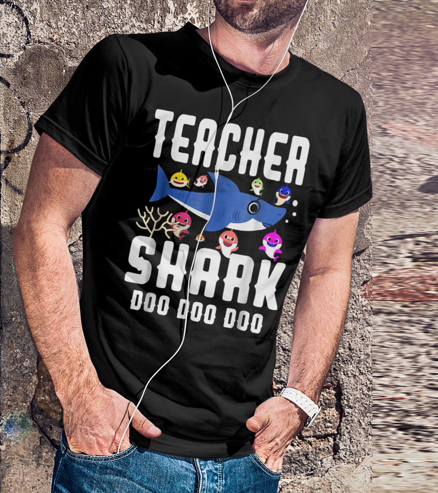Teacher Shark Doo Doo Doo With Cartoon Sharks And Coral Scene T-Shirt