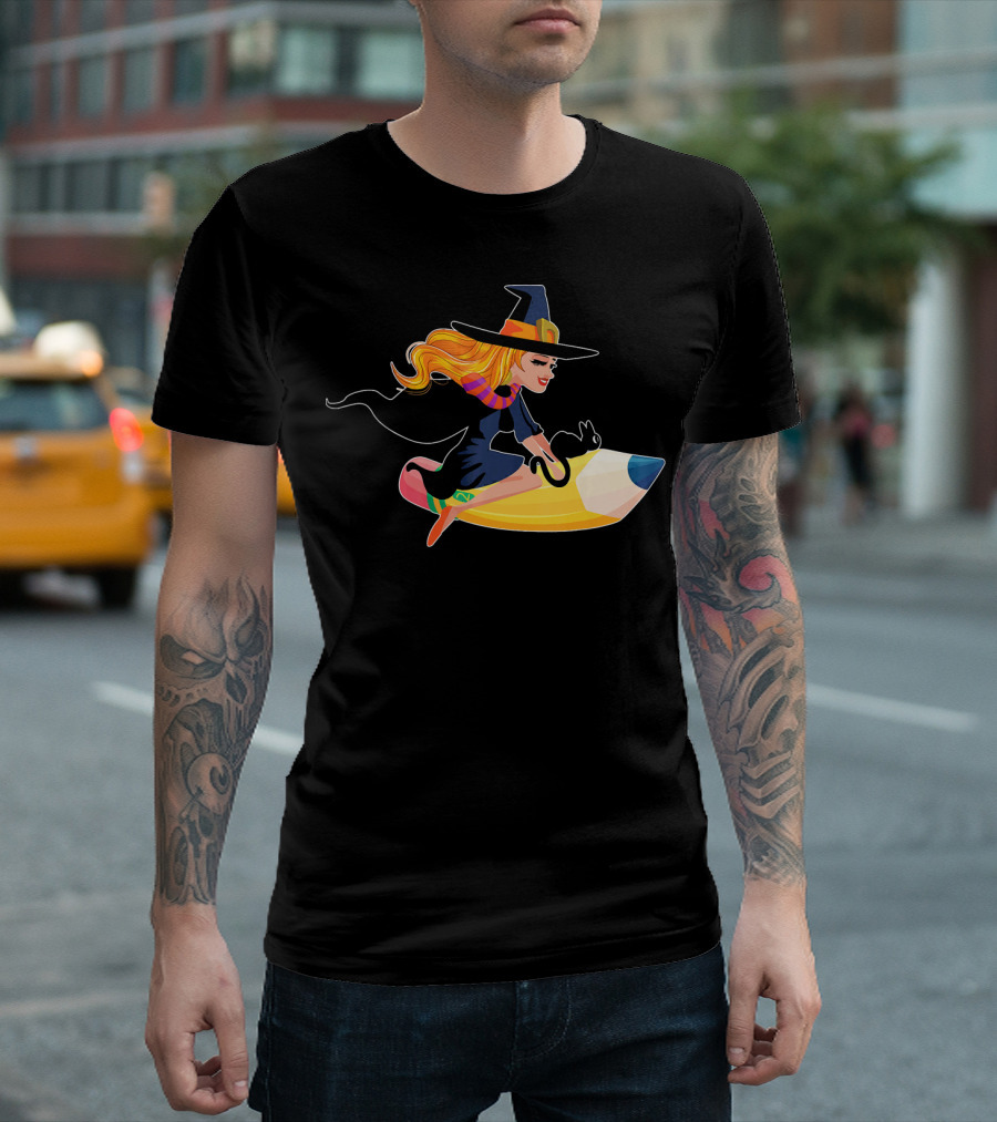 Teacher Witch Cat Halloween Fun Teaching Magic Ride T-Shirt