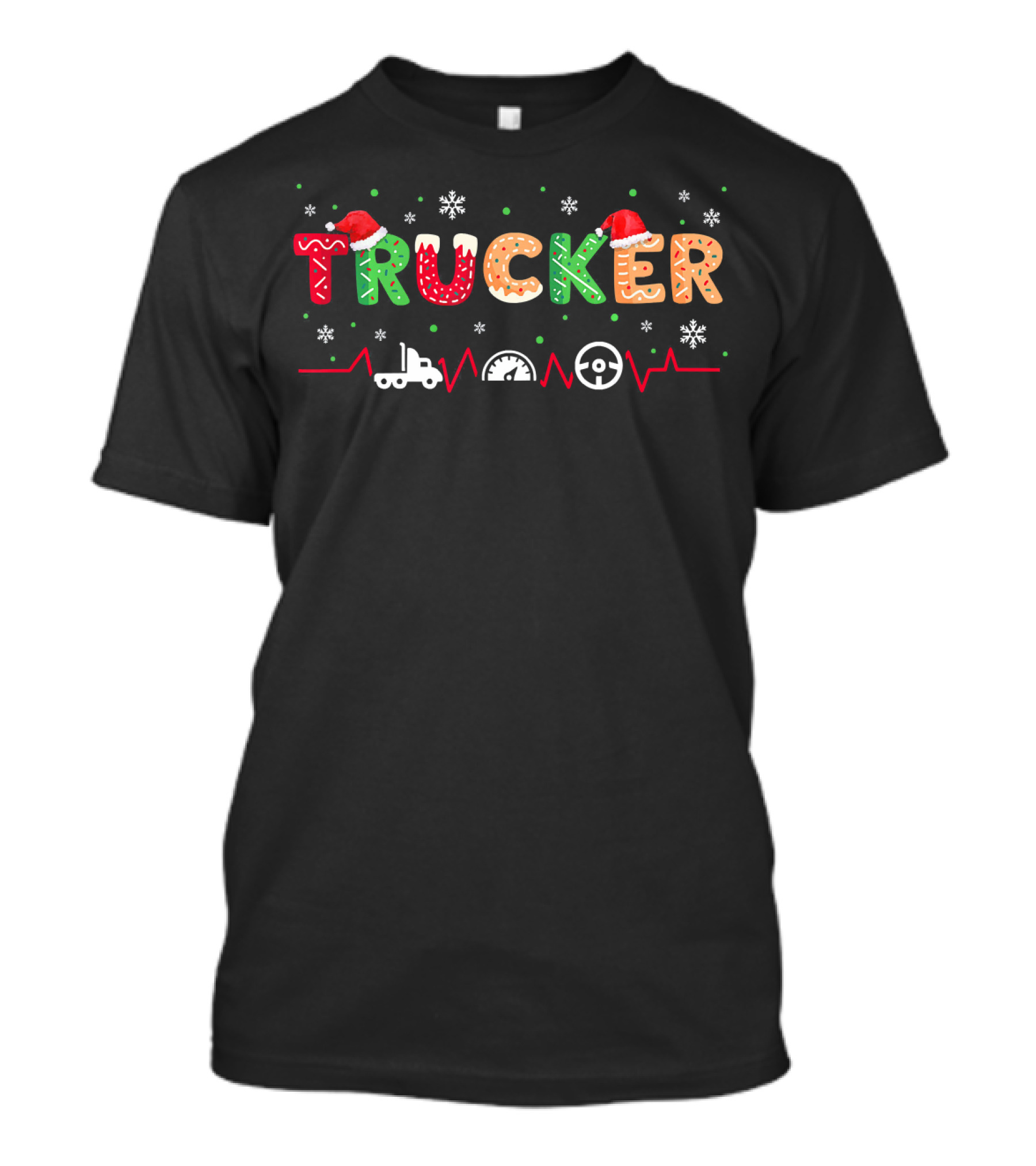 Trucker Santa Hat Christmas Costume Merr Snowflakes Truck Heartbeat T-Shirt