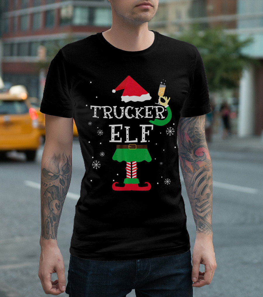 Trucker Elf Christmas Santa Hat Snowflakes Holiday Cheers T-Shirt