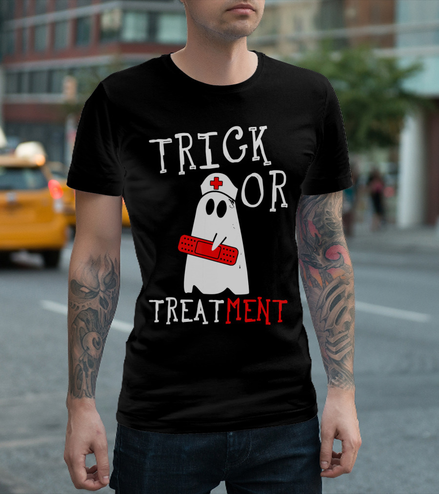 Trick Or Treatment Nurse Ghost Holding Bandage With Nurse Hat T-Shirt