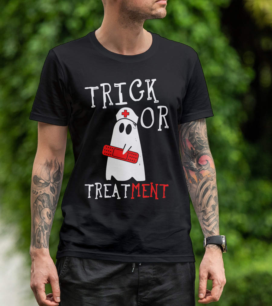 Trick Or Treatment Nurse Ghost Holding Bandage With Nurse Hat T-Shirt