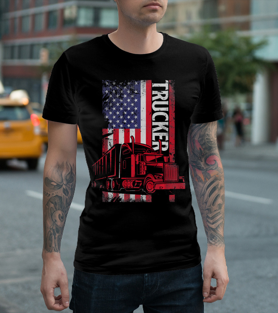 Trucker Vintage American Flag USA Truck Driver T-Shirt