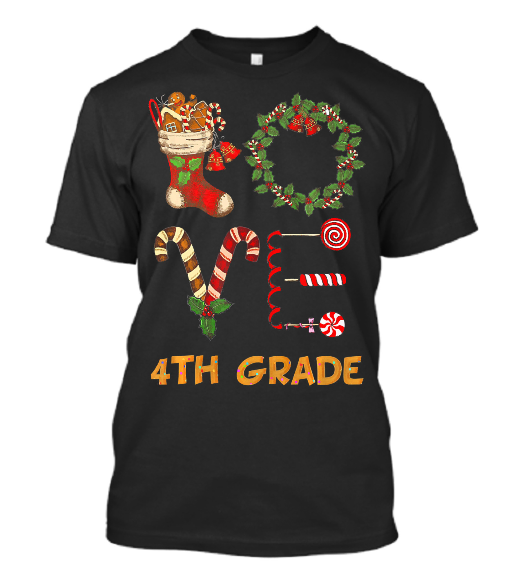 Xmas LOVE Candy Cane Wreath 4th Grade Teacher T-Shirt