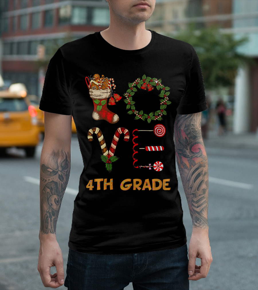 Xmas LOVE Candy Cane Wreath 4th Grade Teacher T-Shirt