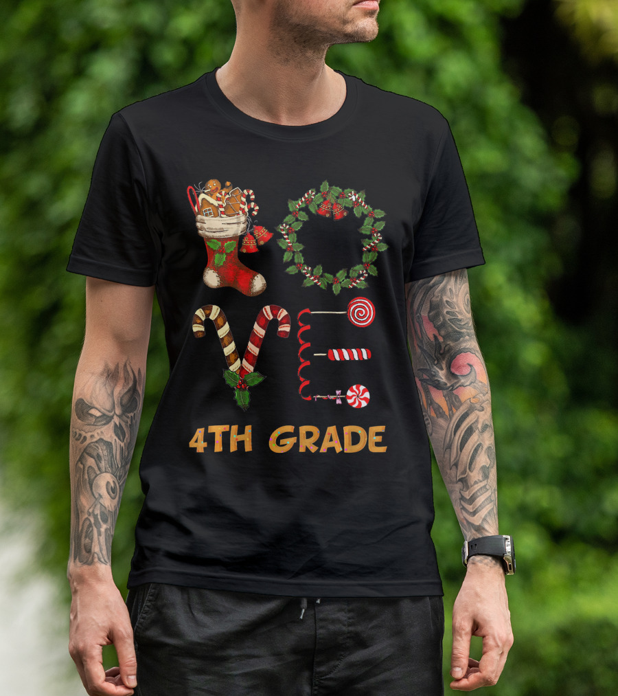 Xmas LOVE Candy Cane Wreath 4th Grade Teacher T-Shirt