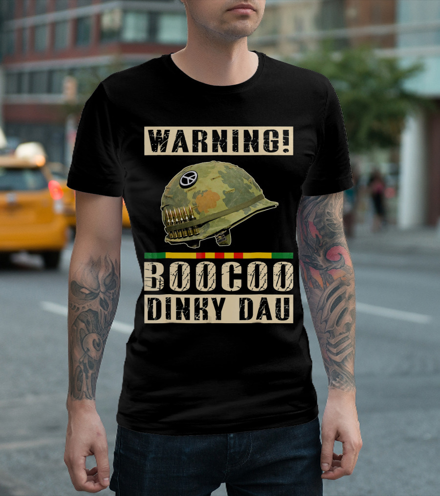 WARNING Boocoo Dinky Dau Vietnam Helmet Peace Symbol Bullets Camo T-Shirt