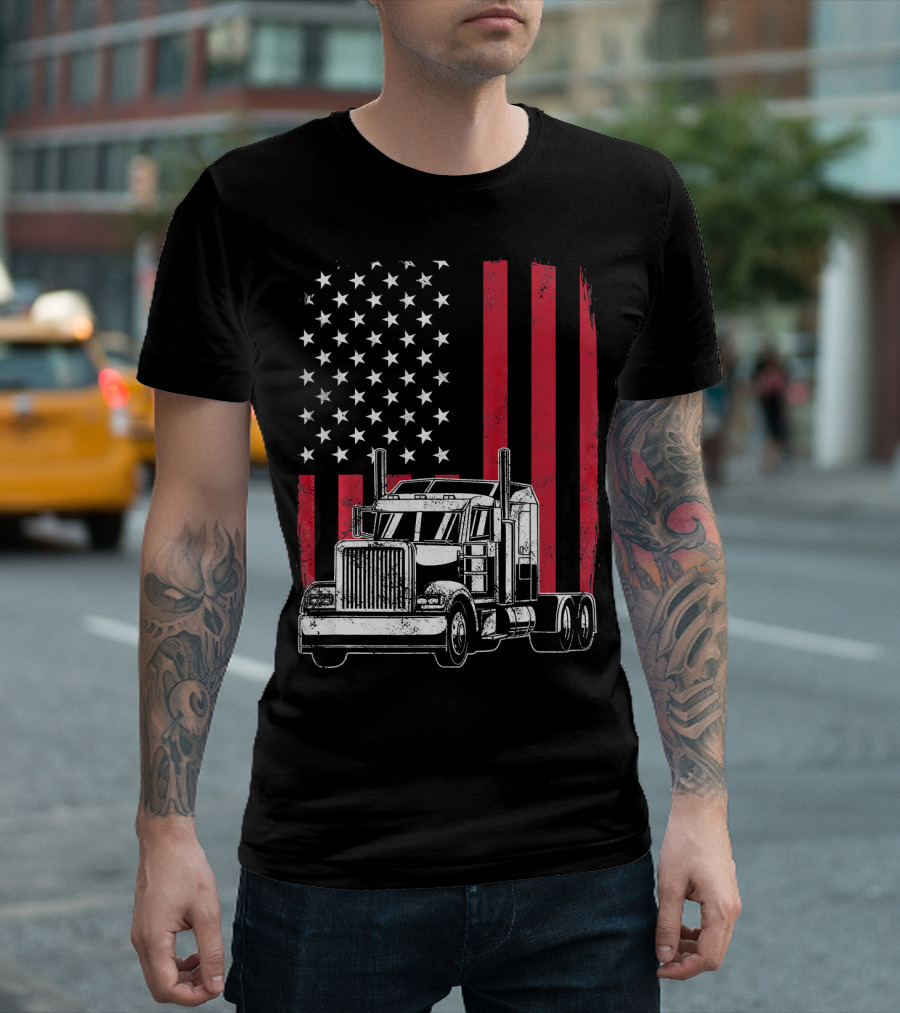 Vintage Trucker USA American Flag Patriotic Semi Truck T-Shirt