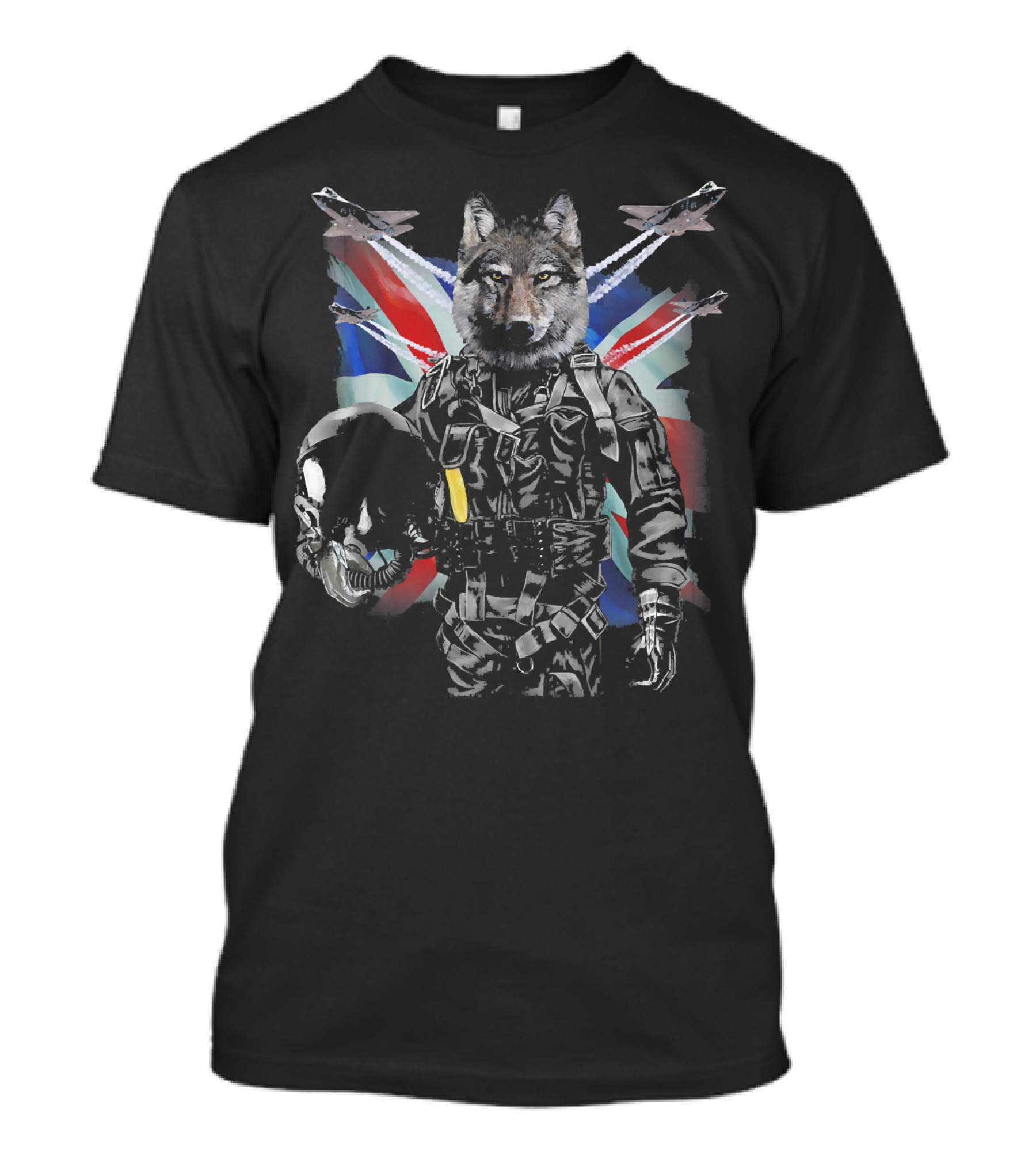 Wolf Pilot In Jet Suit With Union Jack And Fighter Jets T-Shirt