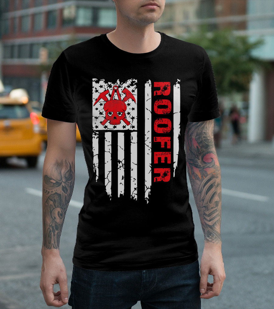 Vintage American Flag Skull Roofer 4th Of July T-Shirt