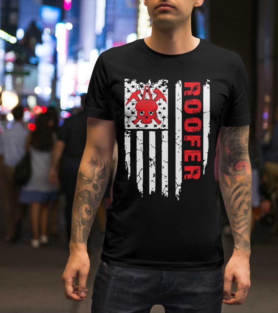 Vintage American Flag Skull Roofer 4th Of July T-Shirt