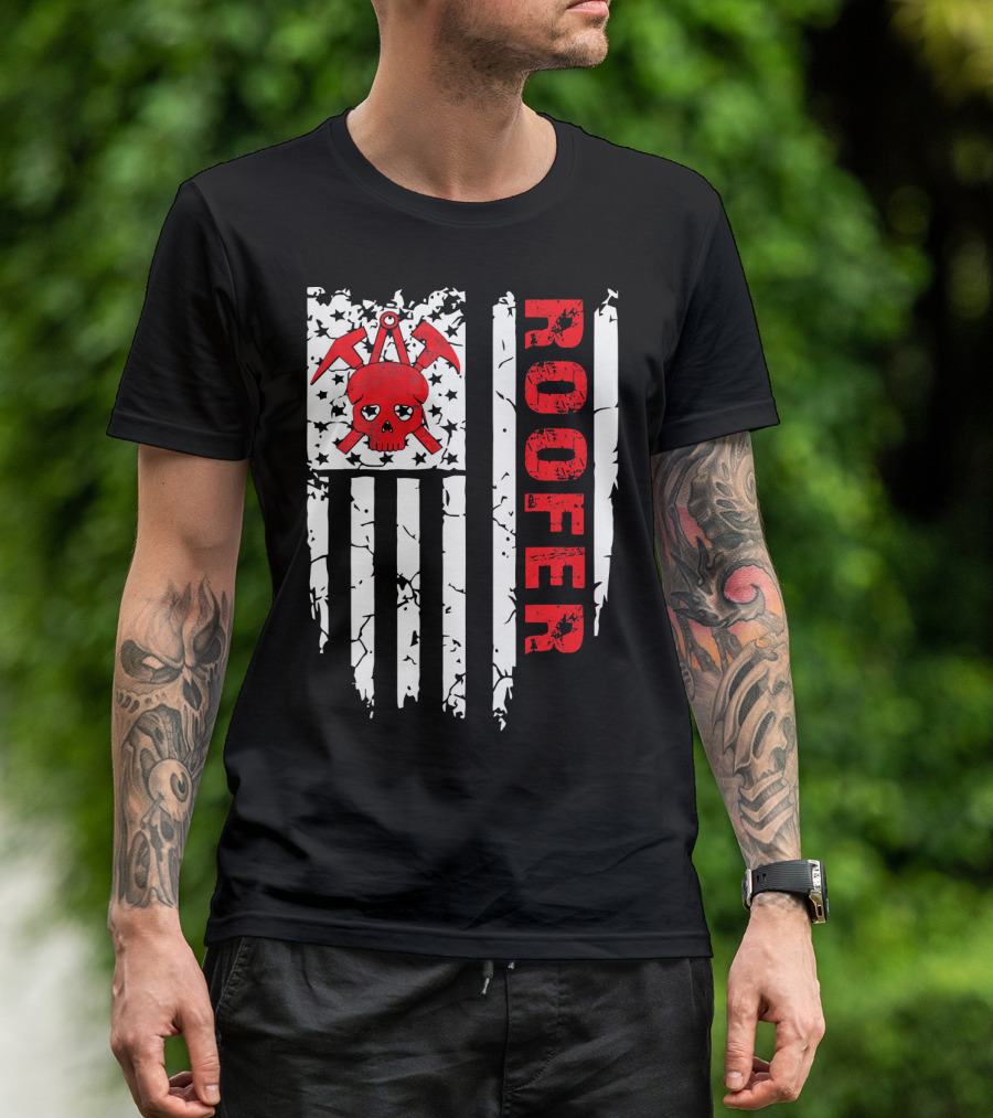 Vintage American Flag Skull Roofer 4th Of July T-Shirt