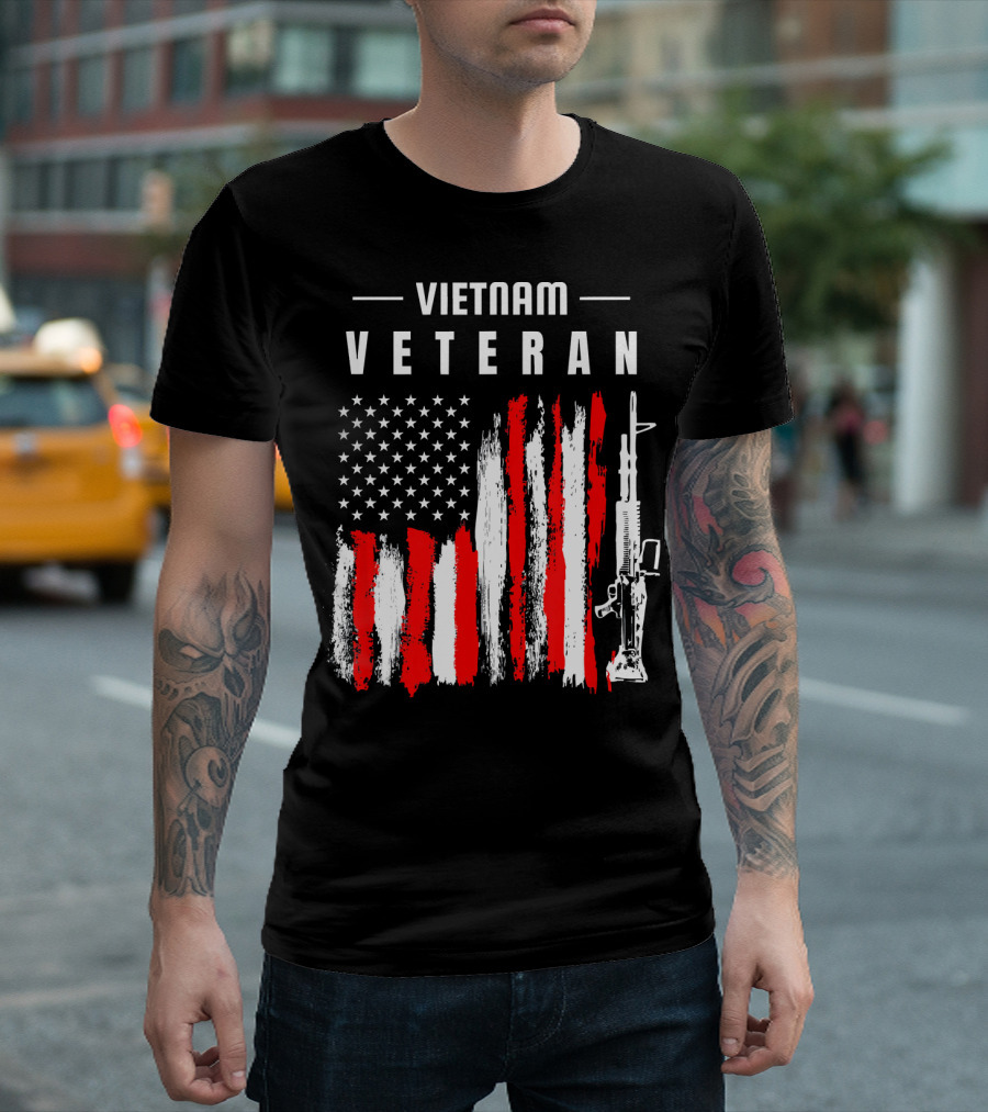VIETNAM VETERAN American Flag Grunge Rifle T-Shirt