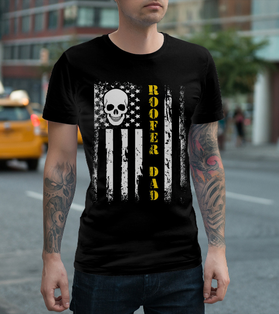 Roofer Dad Vintage USA Skull American Flag Patriot T-Shirt