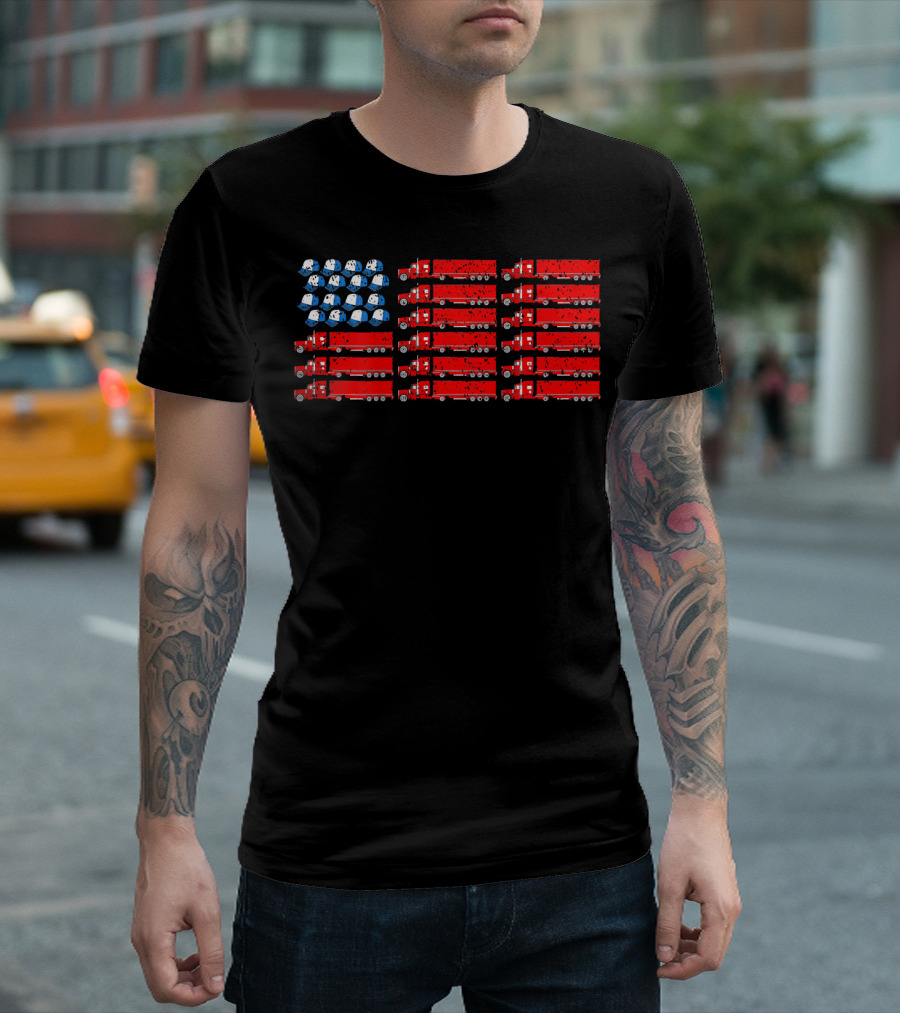 Vintage Trucker Hat American Flag with Patriotic Red Trucks and Blue Hats T-Shirt