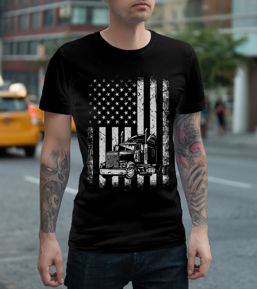 Vintage American Flag With Classic Truck Driver Motif T-Shirt