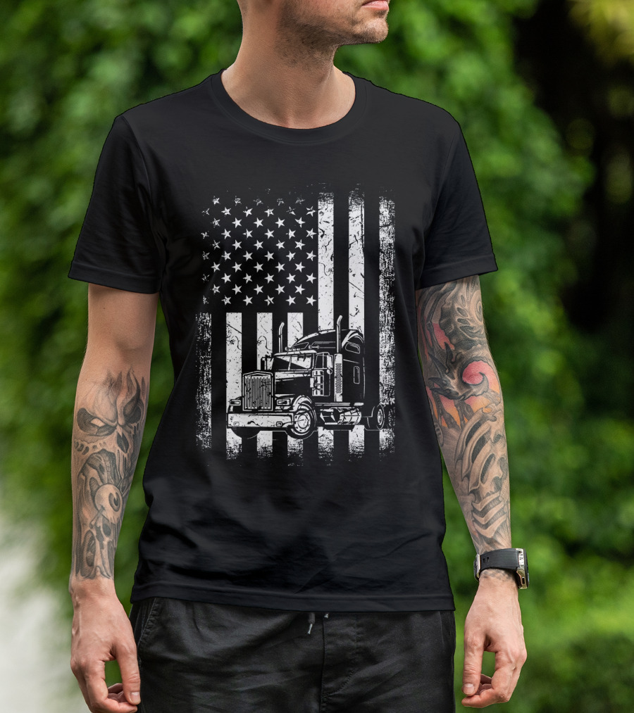 Vintage American Flag With Classic Truck Driver Motif T-Shirt