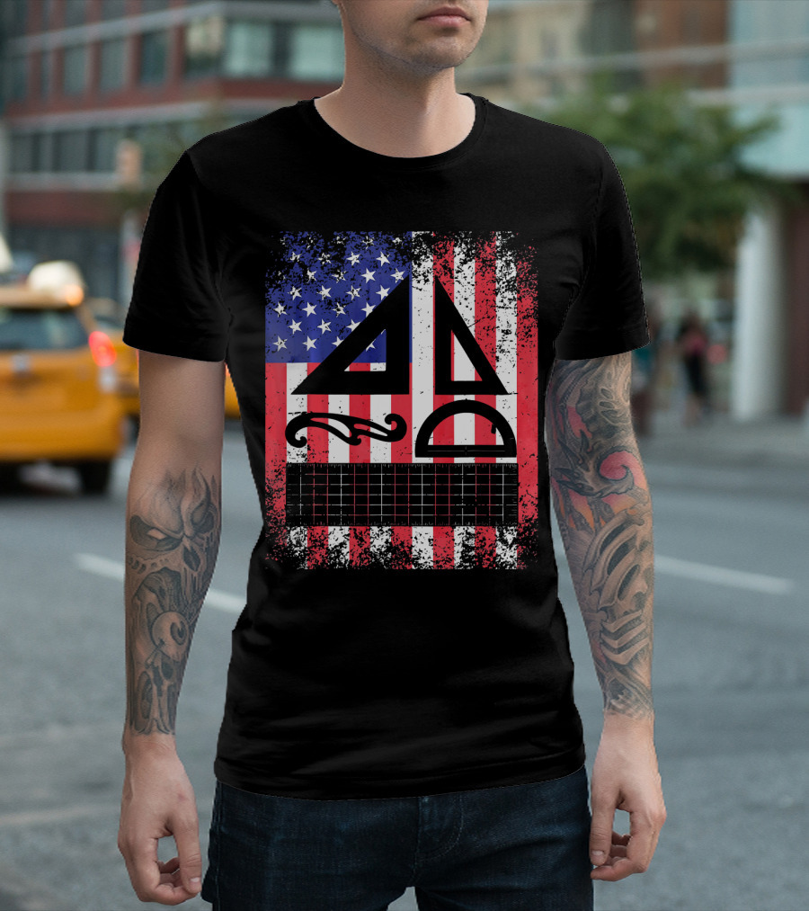 Architect Dad USA Flag Patriotic With Geometric Tools T-Shirt