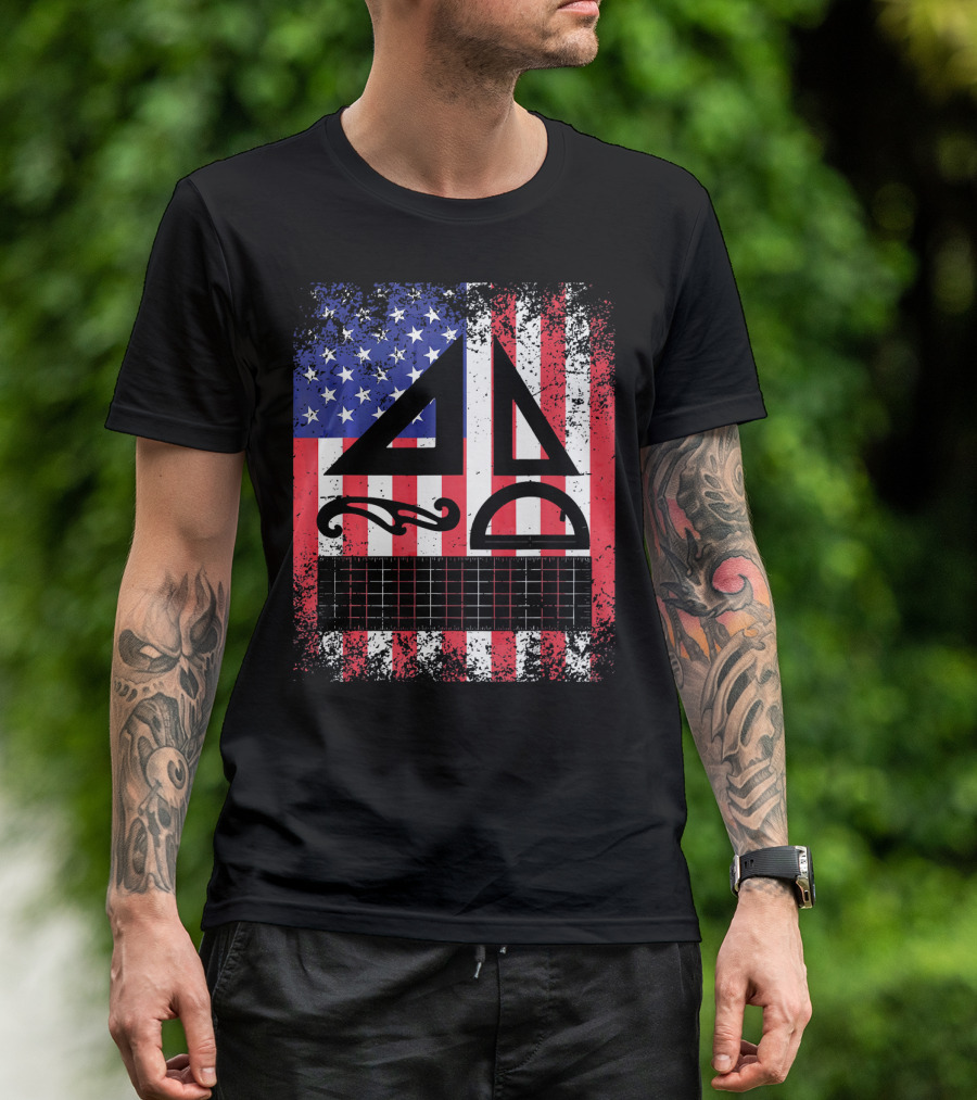 Architect Dad USA Flag Patriotic With Geometric Tools T-Shirt