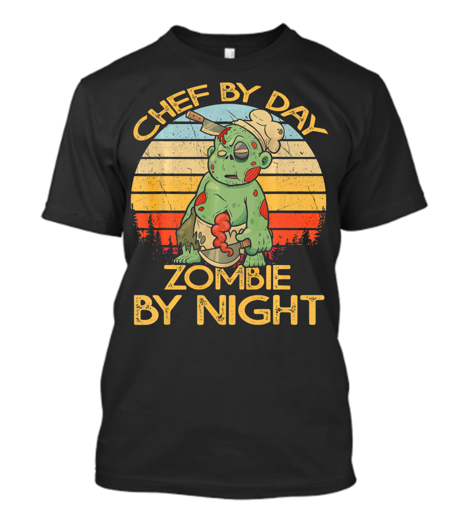 Chef By Day Zombie By Night Retro Sunset Zombie Chef Scene T-Shirt