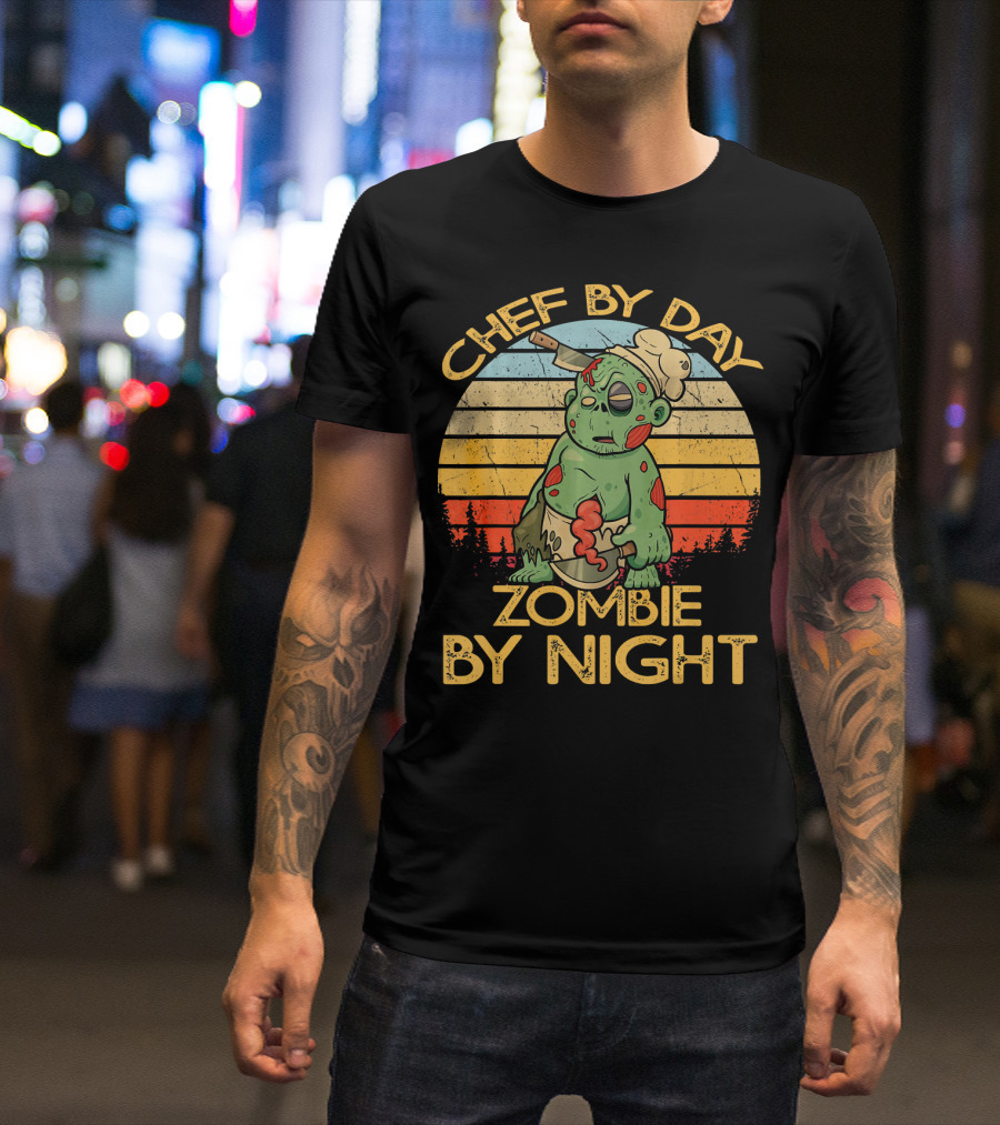 Chef By Day Zombie By Night Retro Sunset Zombie Chef Scene T-Shirt