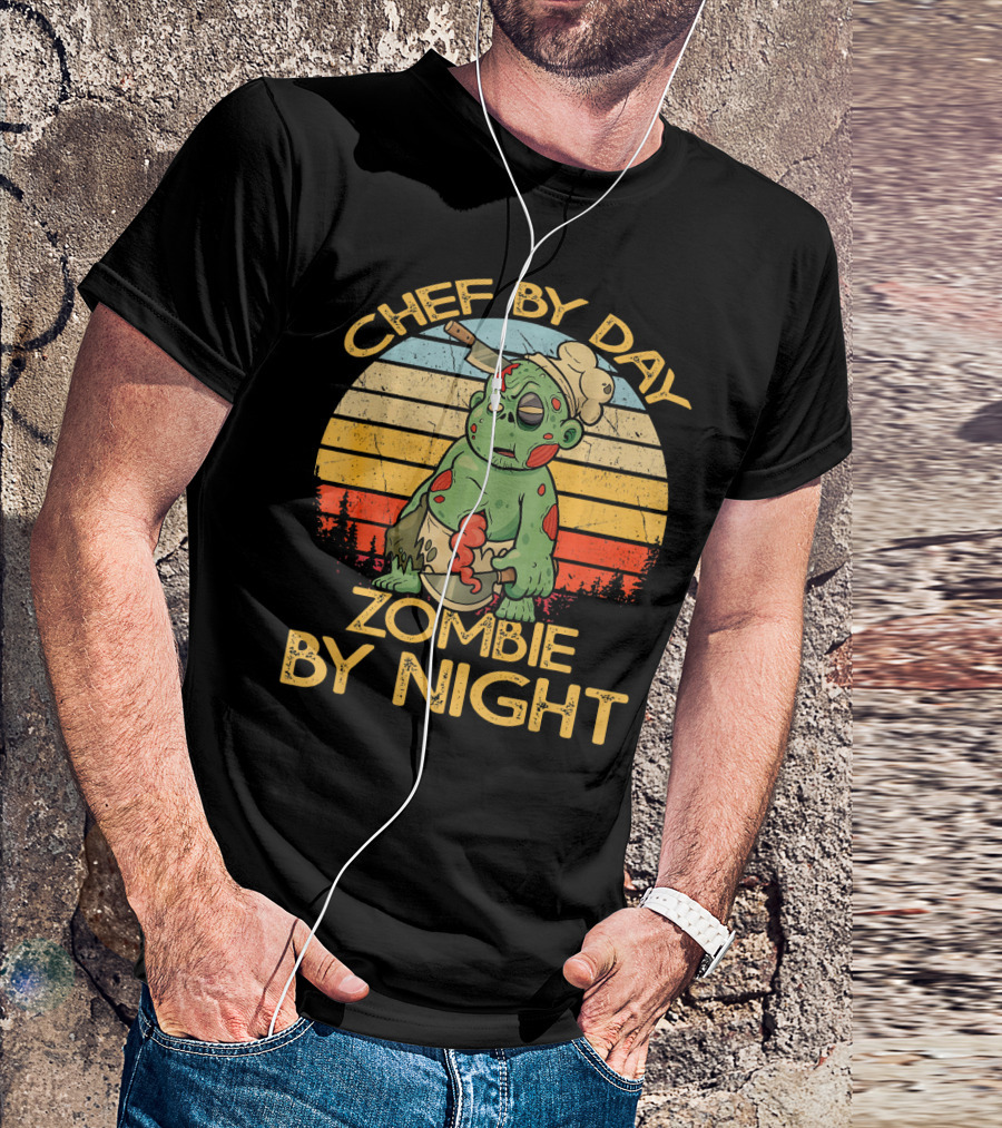 Chef By Day Zombie By Night Retro Sunset Zombie Chef Scene T-Shirt