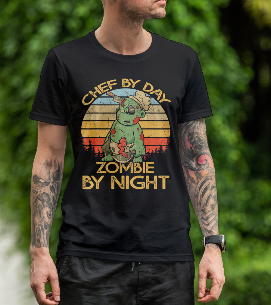 Chef By Day Zombie By Night Retro Sunset Zombie Chef Scene T-Shirt