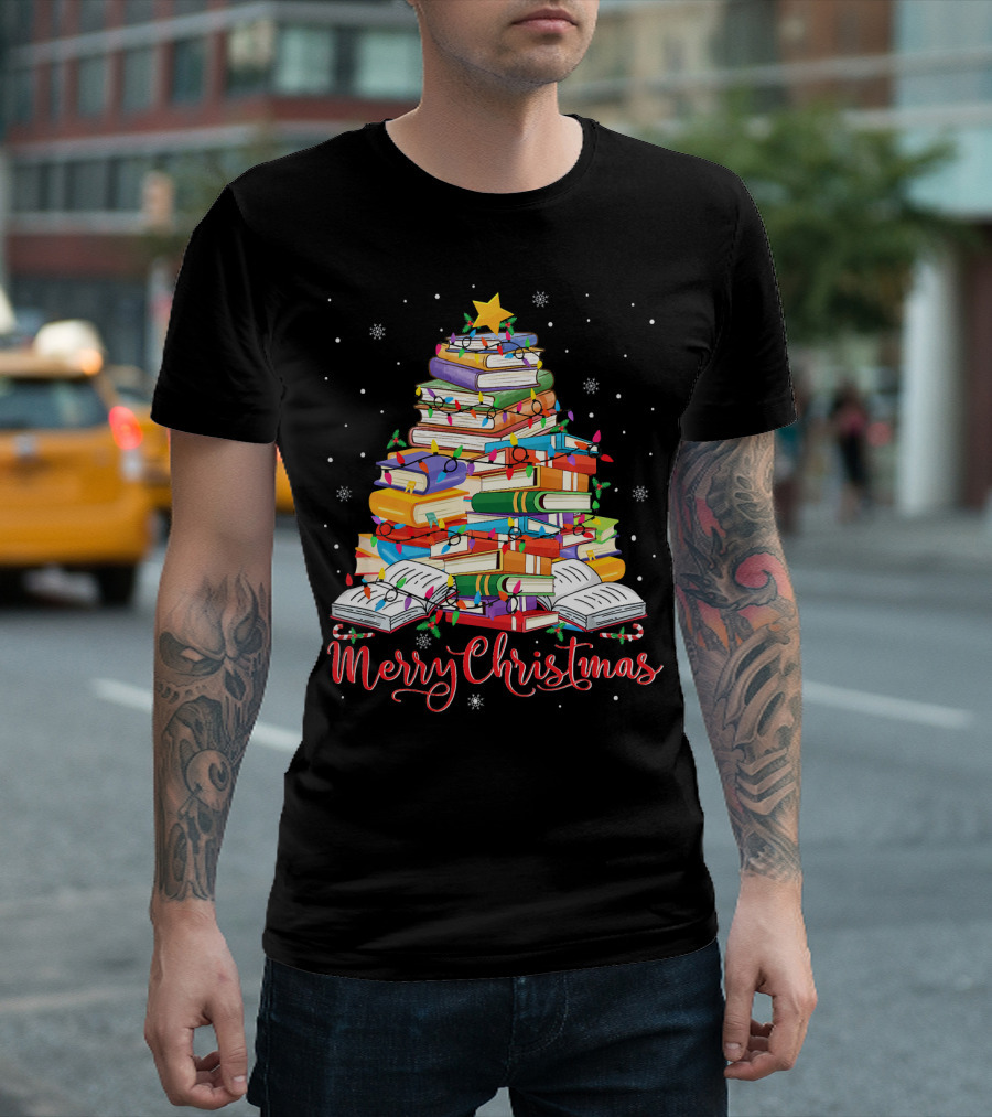 Merry Christmas Books Tree with Lights and Snowflakes T-Shirt