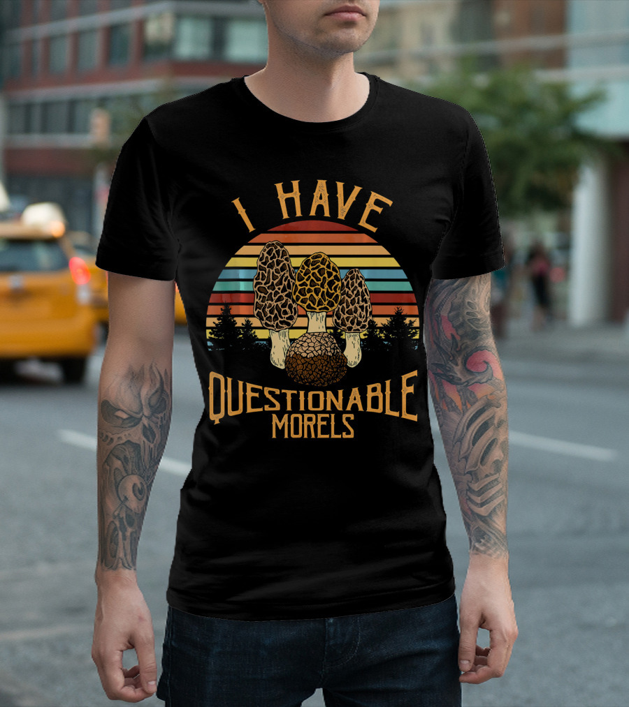 I Have Questionable Morels Retro Sunset Forest T-Shirt