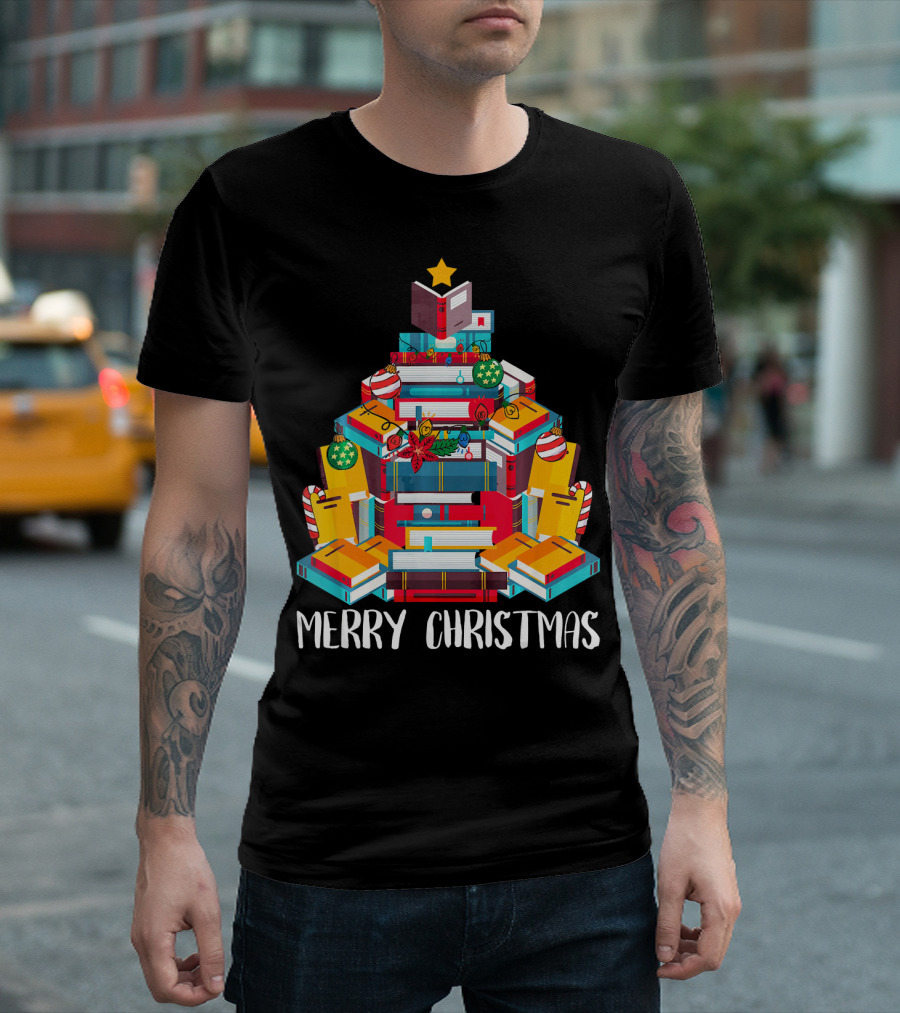 Merry Christmas Book Christmas Tree Librarian Reading T-Shirt