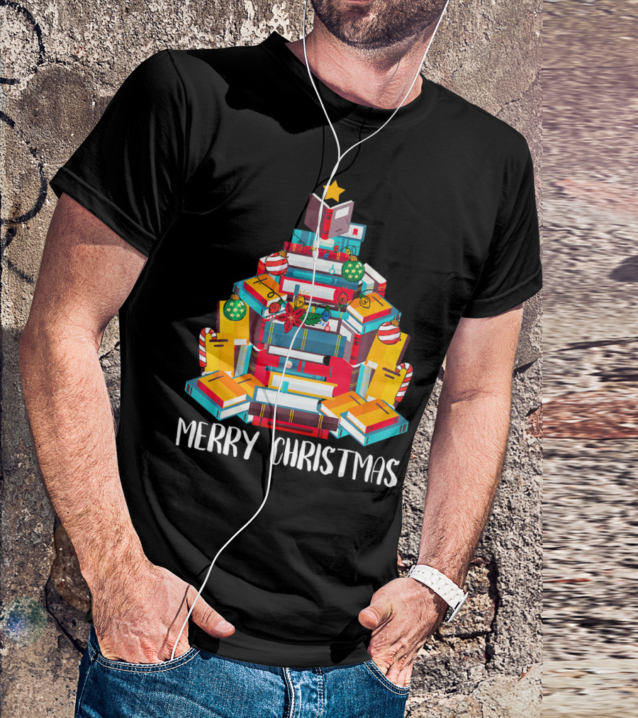 Merry Christmas Book Christmas Tree Librarian Reading T-Shirt