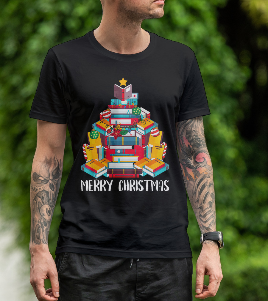 Merry Christmas Book Christmas Tree Librarian Reading T-Shirt