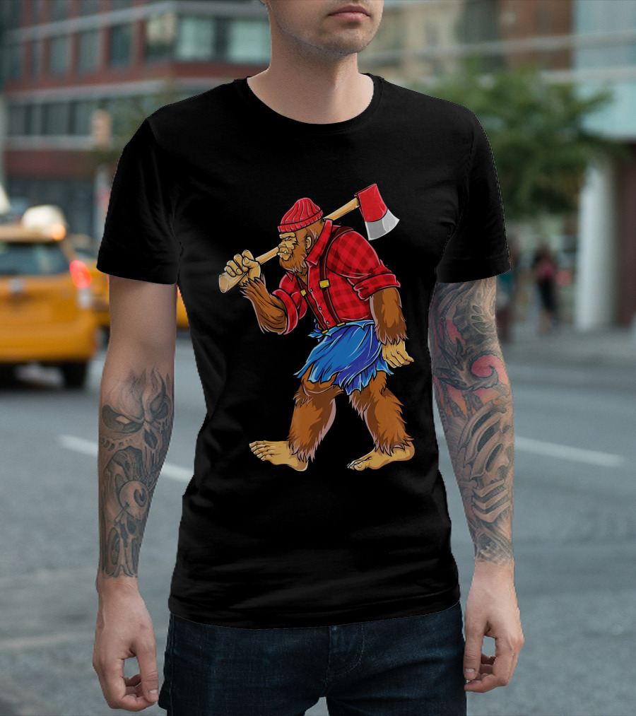 Bigfoot Lumberjack Sasquatch With Axe In Red Flannel T-Shirt