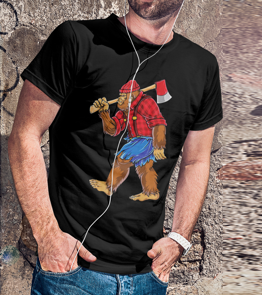 Bigfoot Lumberjack Sasquatch With Axe In Red Flannel T-Shirt