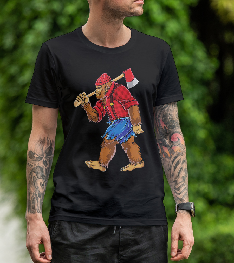 Bigfoot Lumberjack Sasquatch With Axe In Red Flannel T-Shirt