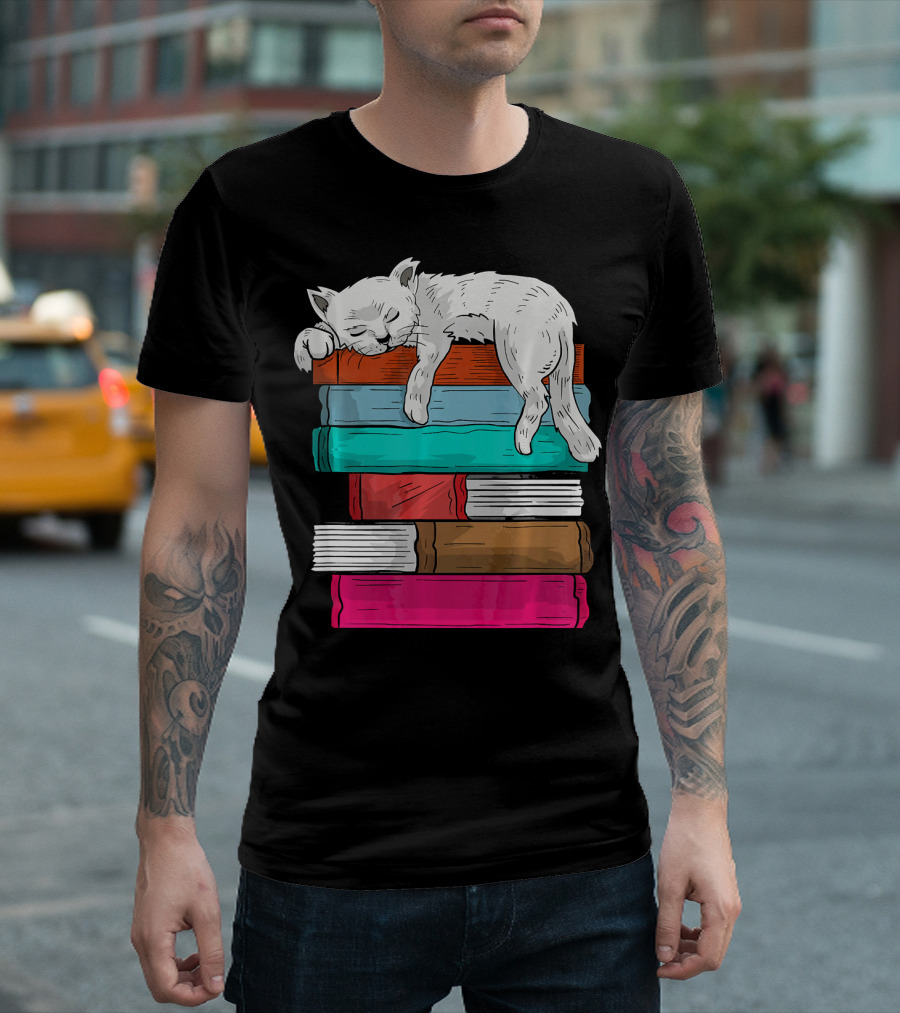 Cat Teacher Librarian Bookworm Sleeping on Colorful Stack of Books T-Shirt