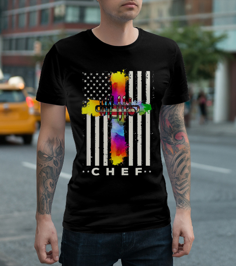 Chef American Flag Cross with Colorful Utensils T-Shirt