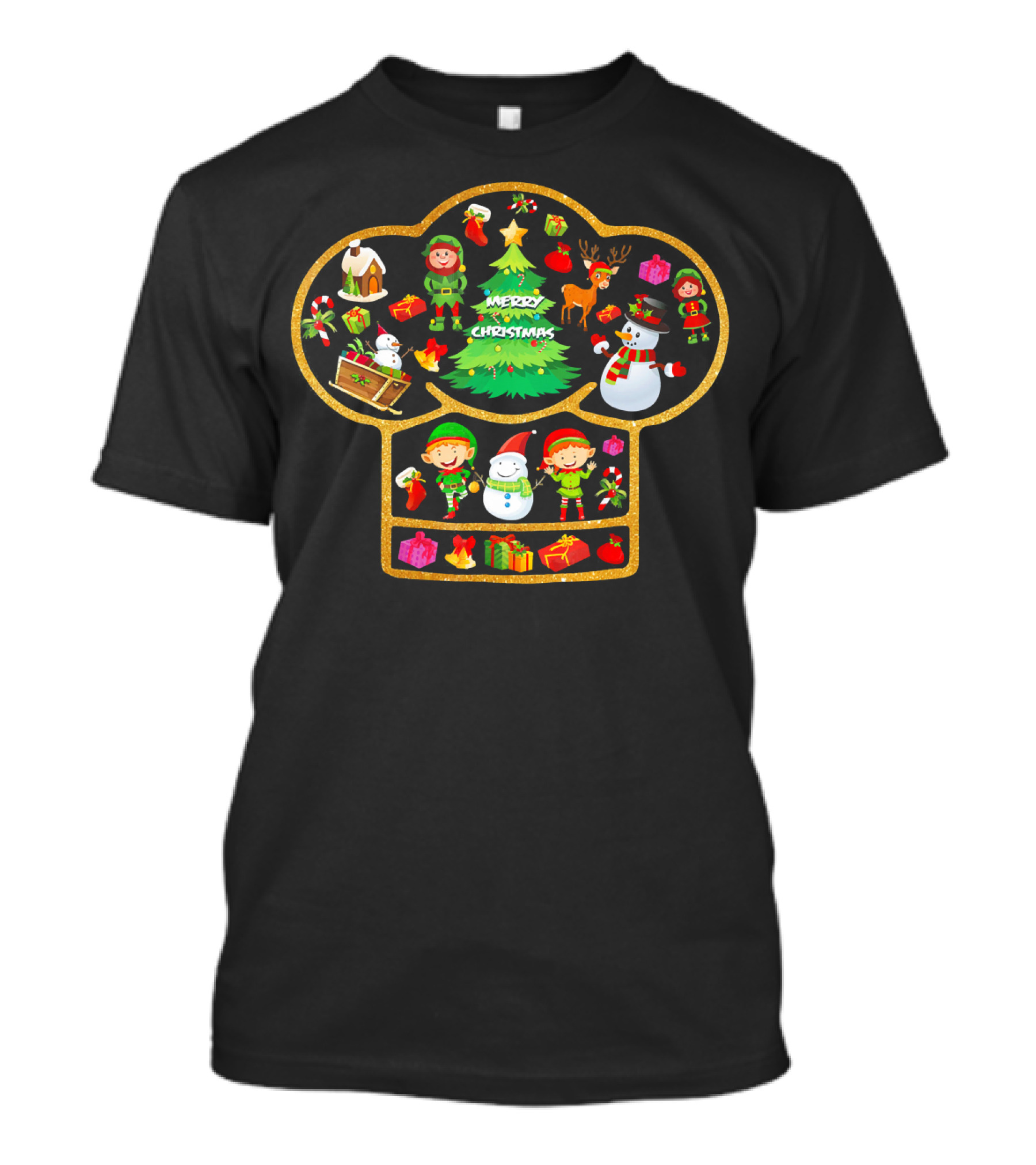 Merry Christmas Chef Hat With Elves And Snowman Ornaments T-Shirt